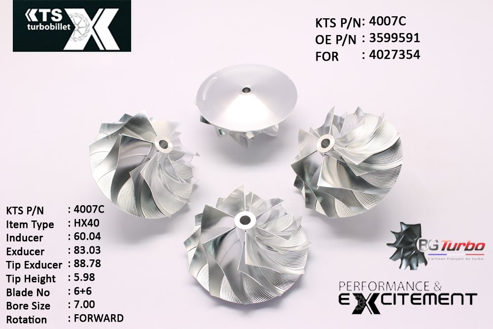 Turbo ROUE FORGÉE MFS PERFORMANCE - 6+6 PALES - INDUCER : 60,04 - EXDUCER : 83,03 - TYPE : HX40ANGLE : 45° - ROTATION : Forward - SUPER BACK : 5,01 - BORE SIZE : 7
